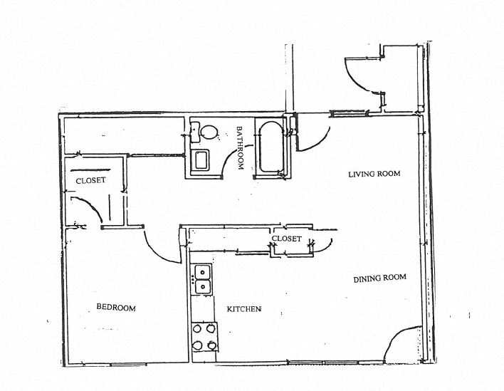 Floor plan for 1 bed, 1 bath, 674 sqft